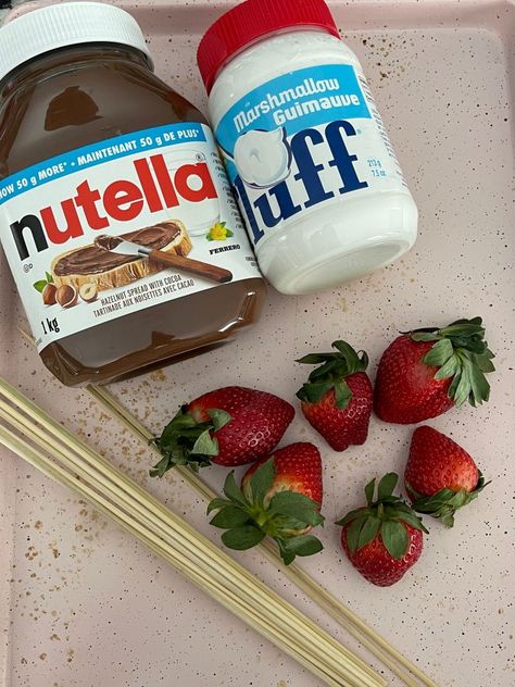 Nutella And Marshmallow Fluff, Strawberry Smores, Nutella Smores, Strawberry And Nutella, Marshmallow Skewers, Strawberry Nutella, Kitchen Torch, Marshmallow Fluff, Fun Treats