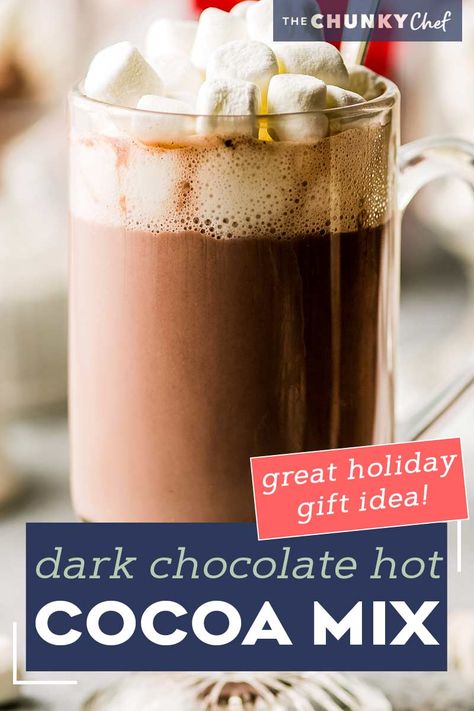 This Dark Hot Chocolate Mix is made with just a handful of simple ingredients, such as dark cocoa powder, powdered milk, sugar, and powdered creamer.  Top with mini chocolate chips and marshmallows and pour yourself a steaming hot mug of cocoa in just a minute or two! #hotchocolate #hotcocoa #darkchocolate #chocolate #cocoa #hotdrink #winter #holidays #homemademix #homemadegift Hot Dark Chocolate Drink, Dark Chocolate Hot Chocolate, Dark Hot Chocolate Recipe, Dark Hot Chocolate Mix Recipe, Dark Chocolate Hot Cocoa Mix Recipe, Dark Chocolate Hot Cocoa Recipe, Hot Chocolate Mix Recipes Dry, Dark Chocolate Hot Cocoa, Dark Hot Chocolate