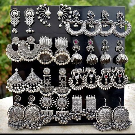 Oxidised Jewellery Earrings, Antique Silver Jewelry Indian, Silver Earrings Indian, Earrings Oxidised, Trendy Silver Jewelry, Oxidised Earrings, Indian Wedding Jewelry Sets, Silver Jewelry Accessories, Oxidised Silver Jewelry