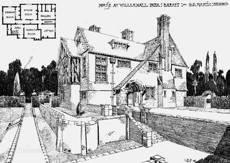 1901 - House at Willenhall Park, Barnet, London - Archiseek.com English Cottage Plans, Cowes Isle Of Wight, Cottage Architecture, Ground Plan, Irish Architecture, Simple Floor Plans, Cottage Floor Plans, Vintage House Plans, Arts And Crafts House