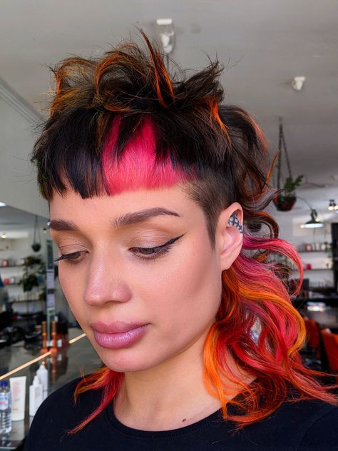 Vivid Color Mullet, Copper Mullet Hair, Vivid Mullet, Dyed Sideburns, Colourful Mullet, Frosted Tips Mullet, Mullet Highlights, Split Dye Pixie Cut, Mullet Colored Hair