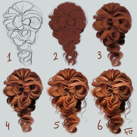 Drawing Hair Step By Step, How To Draw Hair Step By Step, Drawing Curls, How To Shade Hair, How To Draw Curls, Art With Flo, Brushing Hair, Hair Step By Step, Procreate Tips