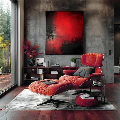 Rosso e Grigio 👍 #quadridesign #quadrimoderni #ideeperlacasa #homedecor #homedecorideas Discover the elegance of blending red and grey in your home decor. This pin showcases how to infuse vibrant red accents seamlessly into a predominantly grey room, creating a space that’s both stylish and inviting. Whether through statement furniture, wall art, or decorative pieces, this color combination promises to add a bold and beautiful touch to any room. Get inspired to transform your living space i... Red Wood Interior, Grey And Red Living Room, Red Interior Design, Industrial Glam, Dnevna Soba, Black Living Room Decor, Statement Furniture, Black Living Room, Living Room Red