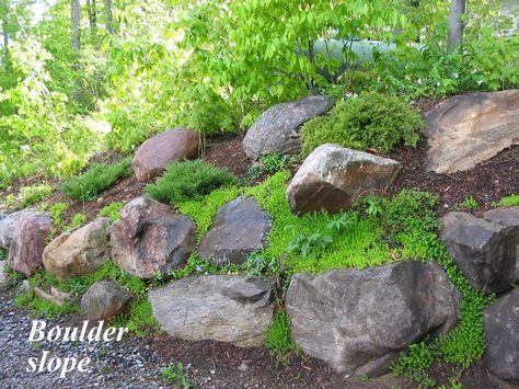 Boulders can stabilize a slope well, but they should be assembled in such a way as to make it look like they've always been there and that the drive or walk or patio have been made to appear that they've been placed around those boulders.  To do that, they should vary in size, mostly large and mimic how they would have come to settle over centuries. Rock Wall Gardens, Backyard Retaining Walls, Rock Retaining Wall, Landscaping With Boulders, Rock Garden Design, Sloped Garden, Rock Garden Landscaping, Have Inspiration, Wall Garden