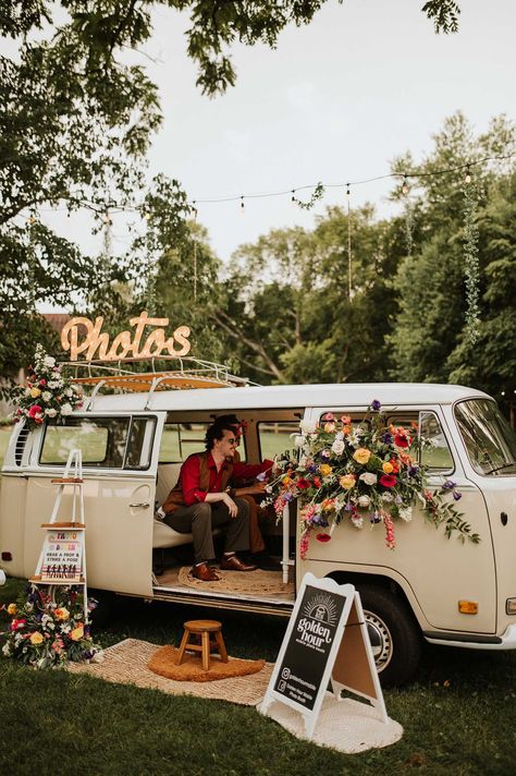 The design of this styled shoot is one of our favorites. We channeled our inner 70s along with elements of burnt orange, wooden arches, VW van Photo Booth, and colorful florals. The wedding dress and the groom attire pulled the whole wedding design together. See more from this shoot at: https://annahowedesign.com/70s-styled-shoot/ Maximalist Disco Wedding, Indie Style Wedding, 70 Style Wedding, 70s Wedding Ceremony, 70s Beach Wedding, 1970s Aesthetic Wedding, Retro Wedding Ideas Vintage, Retro Wedding Altar, Rustic Retro Wedding