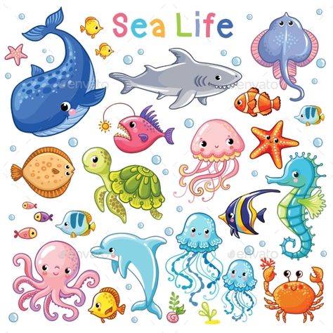 Vector Sea set. Sea animal in childrens style. Cartoon fish. Maluchy Montessori, Cartoon Sea Animals, Cartoon Fish, Fish Drawings, Sea Animal, Photo Album Scrapbooking, Photo Scrapbook, Marine Animals, Cartoon Style