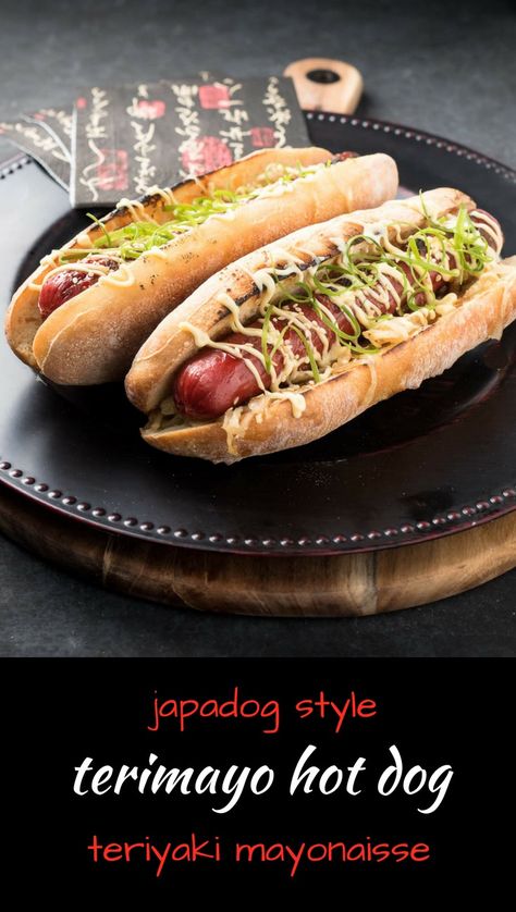 japadog style terimayo hot dog - glebe kitchen Japanese Hot Dog, Boba Birthday, Make Teriyaki Sauce, Japanese Mayo, Spanish Cooking, Hot Dog Toppings, Cooking Onions, Dog Cart, Aircraft Interiors