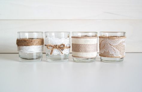 Burlap Twine Lace Votive Candles Bottle Vases Wedding, Lace Candle Holders, Burlap Centerpieces, Bottle Candle Holder, Selling Ideas, Rustic Wedding Table Decor, Tea Candle Holders, Candle Centerpiece, Tea Candle