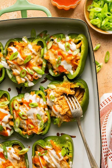 Low Carb Buffalo Chicken Stuffed Peppers Recipe | Healthy Little Peach Low Carb Buffalo Chicken, Gina Livy, Pepper Recipes Healthy, Buffalo Chicken Stuffed Peppers, Stuffed Peppers Recipe, Ranch Recipe, Chicken Stuffed, Dairy Free Cheese, Healthy Family Meals