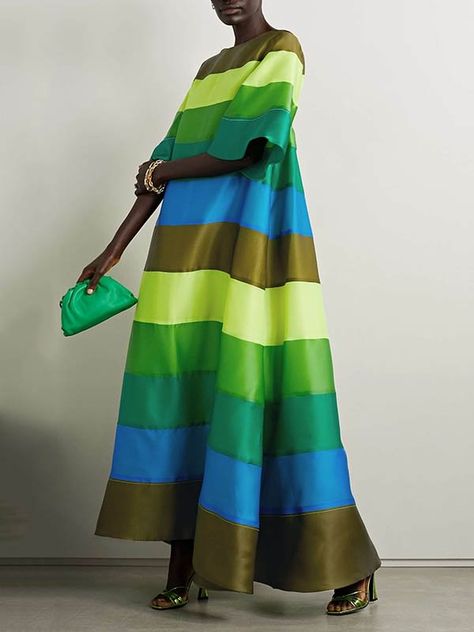 Dresses Organza Gown, Color Floor, Backless Dress Short, Organza Gowns, Flare Sleeve Dress, Floor Length Dress, Dress Backless, Leisure Fashion, Stripe Silk