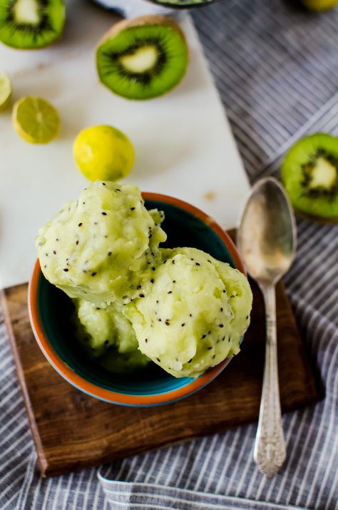 This kiwi sorbet is a tasty and refreshing summer treat you will want to eat again and again Kiwi Sorbet Recipe, Kiwi Sorbet, Sorbet Is, Fancy Desserts, Summer Refreshments, Treat You, Fancy Dinner, Summer Treats, Ice Cream Sandwich