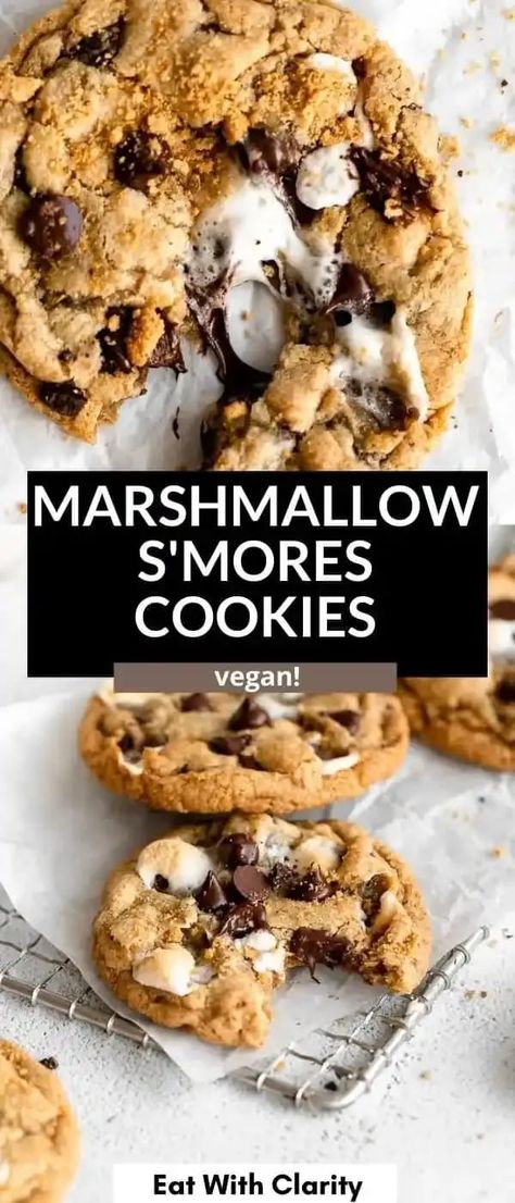 Vegan Smores, Chocolate Chip Marshmallow Cookies, Vegan Dessert Bars, Easy Vegan Cookies, S Mores Cookies, Vegan Marshmallows, Marshmallow Cookies, Vegan Cookies Recipes, Smores Cookies