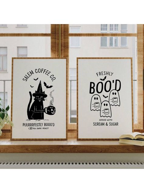 2pcs/Set Spooky Coffee Print Cat, Coffee Wall Art, Halloween Decor Kitchen Coffee Poster, Fun Kitchen Dining Decor, Coffee Lover Gift For Friend, Canvas Wall Art, Ideal Gift For Hallway Bedroom Living Room Multicolor Modern   Canvas Animal,Halloween,Letter    Home Decor, size features are:Bust: ,Length: ,Sleeve Length: Festive Halloween Decor, Spooky Coffee, Kitchen Dining Decor, Friend Canvas, Coffee Cat, Wall Art Halloween, Wooden Artwork, Coffee Wall Art, Coffee Poster