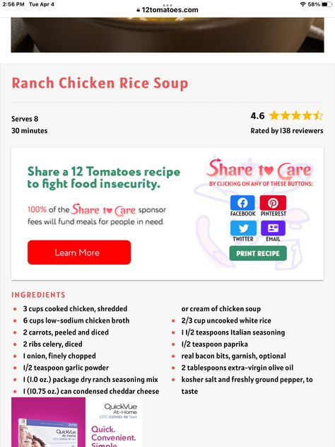 12 Tomatoes Ranch Chicken Rice Soup, Ranch Chicken And Rice Soup 12 Tomatoes, Ranch Chicken Rice, Ranch Chicken And Rice, Ranch Soup, Tomatoes Recipes, 12 Tomatoes Recipes, Chicken Rice Soup, Food Insecurity