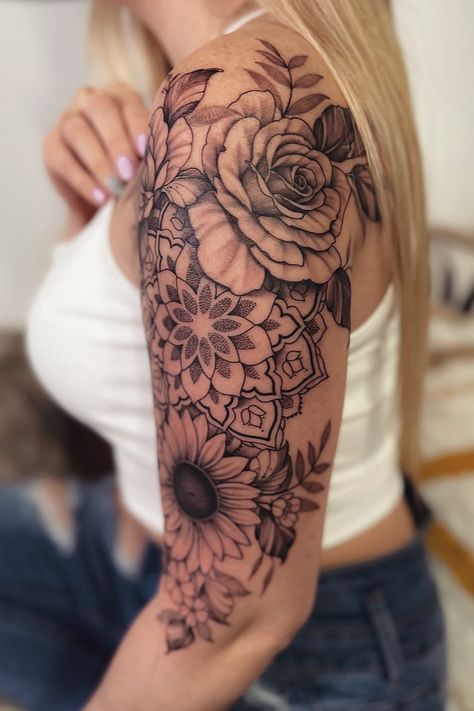 #tattoo #artwork #ink #tattoos #inked #tattooed #tattooartist #girlswithtattoos #tattooart #piercing #tattoolife #inkedgirls #blackwork #bodyart #tattooedgirls #tattoodesign #tattooist #inkedup #tatuagem #tattooing #instatattoo Sunflower Tattoo Ideas, Shoulder Sleeve Tattoos, Dragon Tattoo Ideas, 50 Tattoo, Sunflower Tattoo Shoulder, Lace Tattoo Design, Mandala Tattoos, Mom Tattoo Designs, Western Tattoos