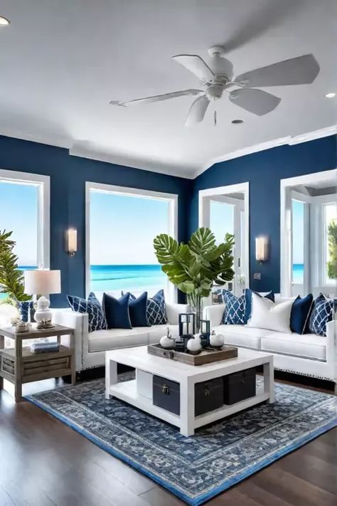 Coastal living room with soft blue walls and white furniture Living Room Blue And White, Soft Blue Walls, Yellow Accent Walls, Living Room Blue, Inviting Living Room, Paint Palettes, Green Armchair, Cool Color Palette, Room Blue