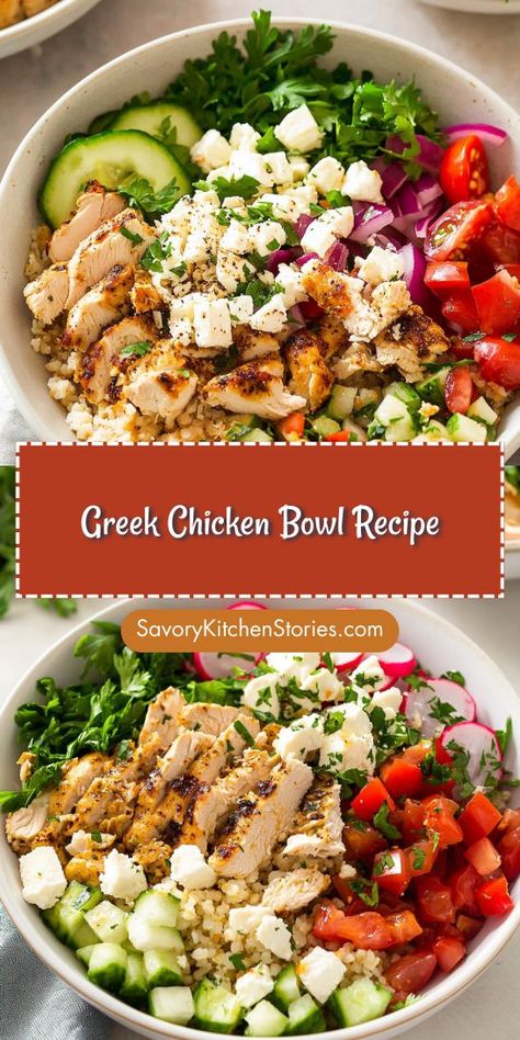 Craving a delicious and nutritious meal that’s easy to prepare? This Greek Chicken Bowl Recipe combines savory chicken, crisp veggies, and zesty dressing for a perfect Mediterranean dinner. Transform your weeknight meals! Be sure to save this recipe for a fresh dinner idea anytime you need one! Chicken Tzatziki Bowl, Fresh Dinner Ideas, Mediterranean Chicken Bowl, Greek Chicken Bowls, Mediterranean Dinner, Mediterranean Bowls, Chicken Bowl Recipe, Chicken Quinoa, Mediterranean Chicken