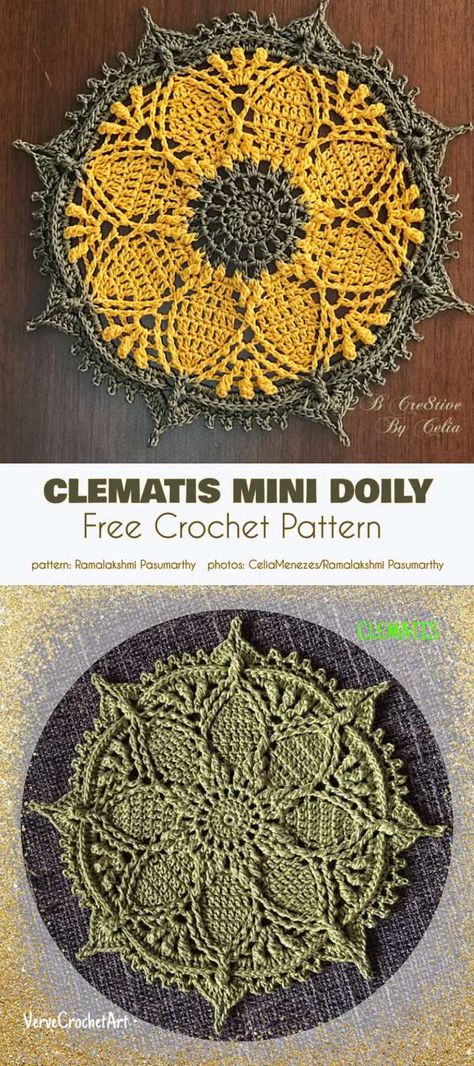 Clematis Mini Doily Free Crochet Pattern Motif Mandala Crochet, Crochet Thread Patterns, Patterns For Crochet, Free Crochet Doily Patterns, Confection Au Crochet, Mandala Patterns, Crochet Mandala Pattern, Crochet Motif Patterns, Crochet Thread