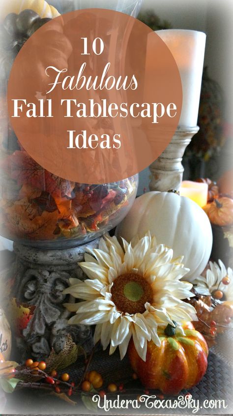 Fall Tablescape Ideas- Here are 10 different examples of fabulous fall tablescapes. If you're looking for inspiration, look no further! Pumpkin Tablescape Fall Decorating, Early Fall Tablescapes, Rustic Fall Tablescapes, Elegant Fall Tablescapes, Autumn Tablescapes Dining Room, October Tablescapes, Fall Table Centerpieces Farmhouse, Fall Centerpieces For Round Table, Round Table Fall Decor