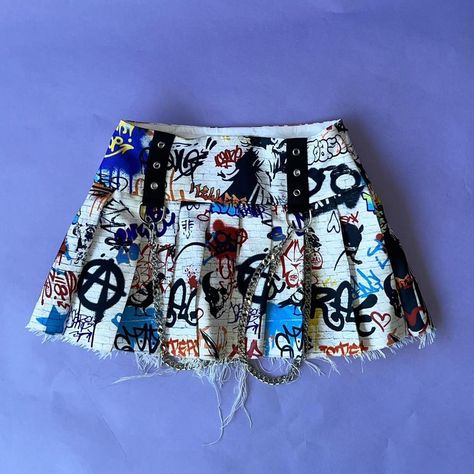 Look what I just found on Depop 🙌 https://depop.app.link/VfSbwA5U8yb Bratz Skirt Outfit, Graffiti Skirt, Grunge Mini Denim Skirt For Streetwear, Diy Pleated Skirt, Alt Clothes Diy, Fitted Punk Mini Denim Skirt, Pleated Denim Mini Skirt Y2k, Denim Punk Mini Skirt, Punk-style Pleated Mini Skirt