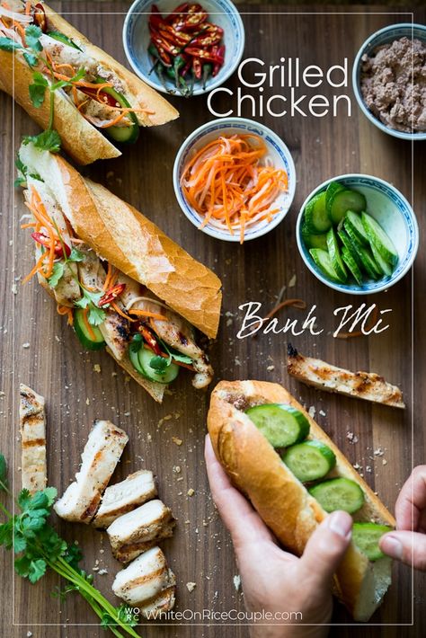 You will LOVE our easy recipe for Vietnamese Grilled Chicken Banh Mi Sandwich! All the traditional toppings make this Banh Mi Chicken Sandwich Recipe the best! Berry Pastries, Sriracha Recipe, Easy Danish, Vietnamese Chicken Salad, Lemongrass Pork, Banh Mi Recipe, Quick Pickled Vegetables, Vietnamese Fish, Nuoc Mam