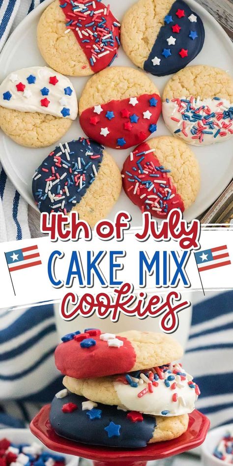 Chocolate Chip Cake Mix Cookies, Red White Blue Cake, Patriotic Cookies, Quick Cookies Recipes, Fourth Of July Cakes, Patriotic Desserts, 4th Of July Cake, Cake Mix Cookie Recipes, Chocolate Chip Cake