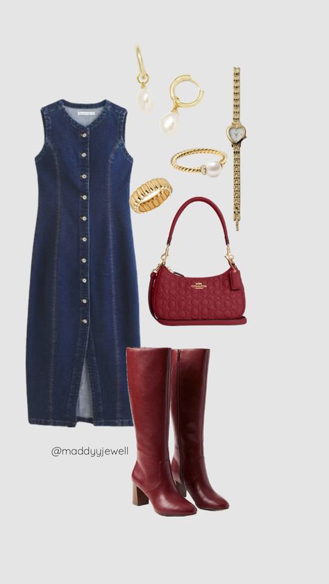 Fall Denim Outfit | Abercrombie The A&F Mara High-Neck Vest Midi Dress #fashion #style #outfit #ootd #fallfashion #jewelry #coach #abercrombie Denim Midi Dress Outfit, Vest Dress Outfit, Denim Outfit Fall, Midi Dress Outfit, Denim Midi Dress, Fall Denim, Dress Outfit, Denim Outfit, Dress Fashion