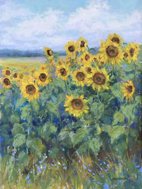 Sunflower Spectacle by Kathleen Kalinowski, Pastel, 12 x 9 Sunflower Field Pictures, Mountains Painting, Arte Van Gogh, Sunflower Art, Impressionism Art, Sunflower Painting, Impressionist Art, 그림 그리기, Impressionism