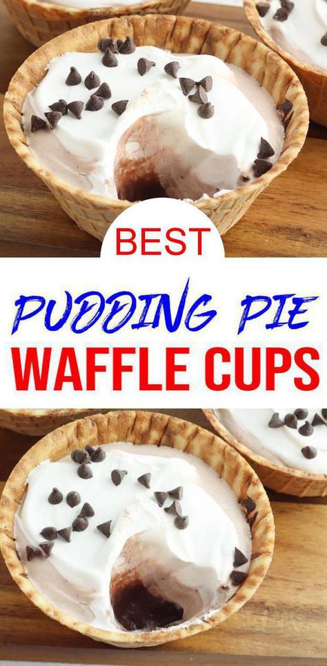 chocolate pudding pie waffle cups for kids birthday parties, baby showers, desserts or snacks Waffle Bowl Desserts, No Bake Food, Waffle Cups, Waffle Bowl Recipe, Cone Treats, Cone Ideas, Chocolate Pudding Pie, Easy Chocolate Pudding, Graduation Brunch