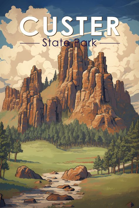 Retro-style poster of Custer State Park, showcasing South Dakota's natural beauty, wildlife, and adventurous spirit. Custer State Park South Dakota, Custer South Dakota, South Usa, South Dakota Travel, Southern Art, Mt Rushmore, Poster Project, Custer State Park, Vacation Goals