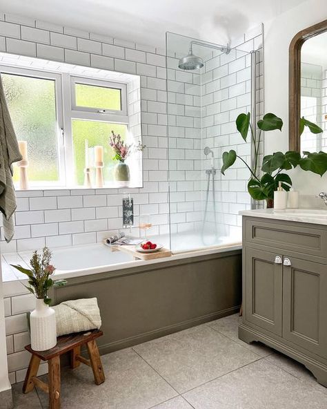 Gorgeous Bathroom Tile, Green Vanity, New House Bathroom, Grey Grout, Hillside House, House Bathrooms, Metro Tiles, White Subway Tiles, Victorian Bathroom