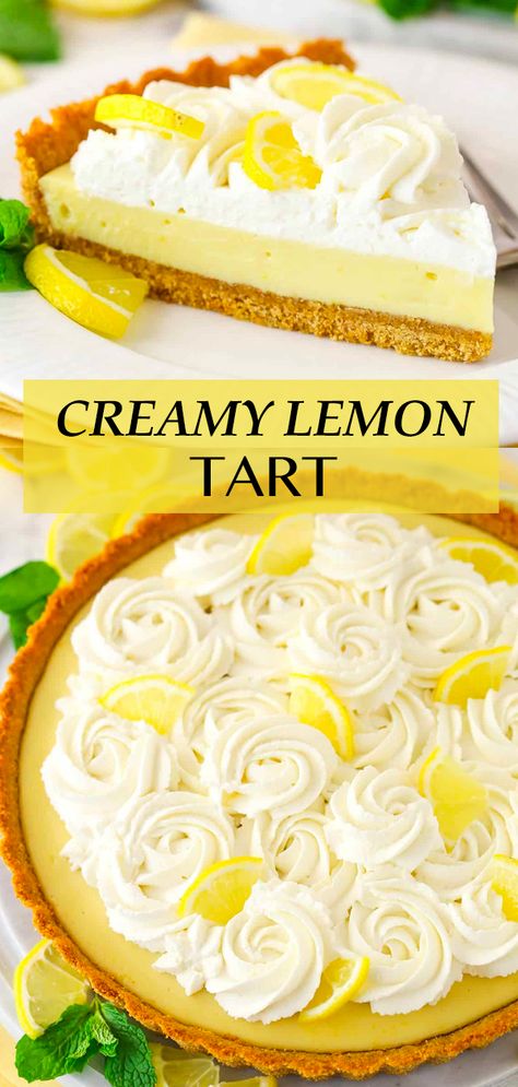 This lemon tart has a sweet, tart and creamy lemon filling, with a fluffy whipped cream topping! It’s perfect for summer and so easy to make! Plus, the presentation is beautiful! Lemon Cream Tart Recipe, Lemon Tart Pie, Recipes With Fresh Lemons, Summer Lemon Desserts, Lemon Crostata, Tart Recipes Easy, Tart Filling Recipes, Easy Lemon Desserts, Fresh Lemon Recipes