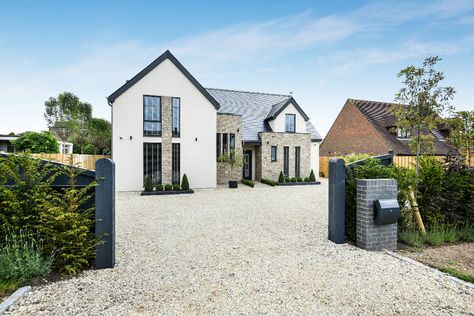 Timber Frame Home, 2700sqft, 4 bedrooms - Contemporary - House Exterior - Buckinghamshire - by Lynn Palmer Architects Ltd | Houzz IE White Stone Exterior, Stone Exterior Home, Irish House Plans, House Designs Ireland, Rendered Houses, Irish Houses, Kerb Appeal, Self Build Houses, Prairie Style Houses