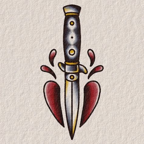 Hatchet Tattoo Traditional, Traditional Switchblade Tattoo, Trad Dagger Tattoo, Old School Knife Tattoo, Small American Traditional Tattoo Flash, Arrow Head Tattoos, Traditional Tattoo Painting, Small Traditional Tattoo, Traditional Dagger Tattoo