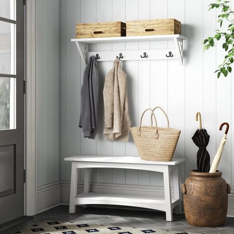 Rosalind Wheeler Lund Hall Tree with Bench & Reviews | Wayfair.ca Shoe Storage White, Hall Tree With Bench, Hall Tree Bench, Wood Storage Bench, Diy Entryway, Bench Decor, Wayfair Furniture, Bench With Shoe Storage, Hall Tree