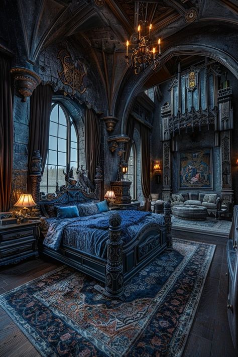 29 Dark Fantasy Bedroom Ideas for a Mysterious Sanctuary 22 Fantasy House Interior Design, Gothic Mansion Bedroom, Dark Fantasy Castle Interior, Fantasy Palace Bedroom, Fantasy Bedroom Medieval, Castle Rooms Bedrooms, Dark Fantasy House, Fantasy Royal Bedroom, Dark Castle Bedroom