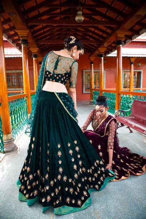 Indian Wedding Saree Collection, Kajal Saree, Velvet Blouse Designs Indian, Studio 149, Bridesmaids Lehenga, Velvet Blouse Design, Lehenga Embroidery, Wedding Velvet, Netted Blouse Designs