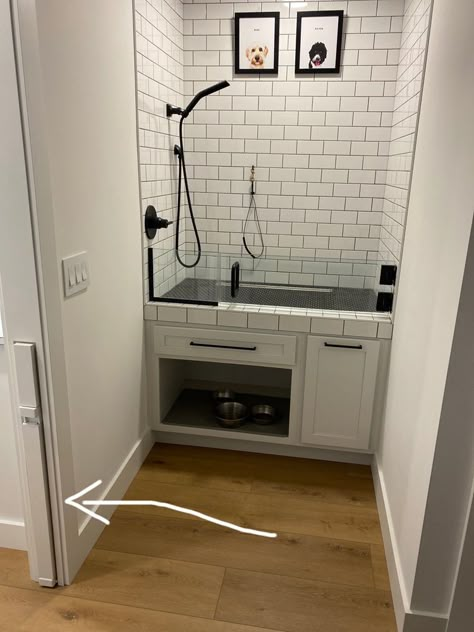 Built In Dog Washing Station In Laundry Room, Pet Bathing Station In Laundry Room, Doggie Wash Station Laundry Rooms, Mudroom With Dog Bath, Raised Dog Bathing Station, Mud Room Dog Wash Station, Pet Station Ideas, Dog Wash Station In Laundry Room, Pet Washing Station Laundry Rooms