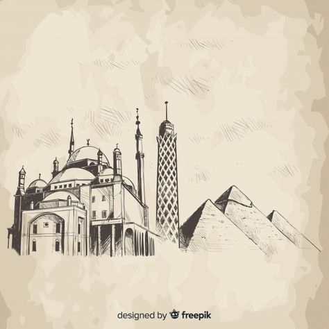 Hand drawn cairo skyline composition | Free Vector #Freepik #freevector #city #hand #hand-drawn #landscape Last Name Tattoos, Typography Sketch, Cairo Tower, City Outline, Cairo City, City Skyline Silhouette, Egypt Culture, Building Icon, Egyptian Culture