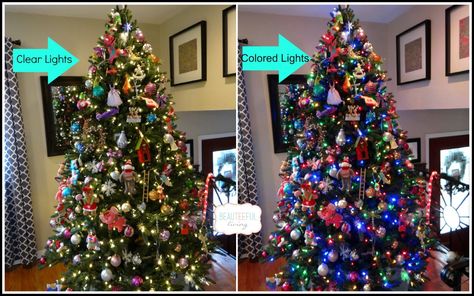 Real Christmas Tree Colored Lights, Christmas Tree Decor With Colored Lights, Christmas Tree Color Lights, Multi Colored Light Christmas Tree Ideas, Colored Light Christmas Tree Ideas, Christmas Tree Colored Lights, Christmas Tree With Coloured Lights, Multi Colored Christmas Lights, Christmas Tree Colour Scheme