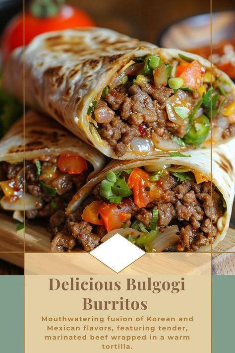 "Delicious Bulgogi Burritos are a mouthwatering fusion of Korean and Mexican flavors, featuring tender, marinated beef wrapped in a warm tortilla. 🌯🥩 Infused with the rich, savory taste of traditional bulgogi, these burritos are packed with fresh veggies, rice, and a hint of spice, creating a perfect balance of textures and flavors. Ideal for lunch or dinner.🌮🔥 #BulgogiBurritos #FusionFood #GourmetBurritos #FlavorFusion" Beef Wraps, Marinated Beef, Bulgogi, Fusion Food, Fresh Veggies, Burritos, Rice