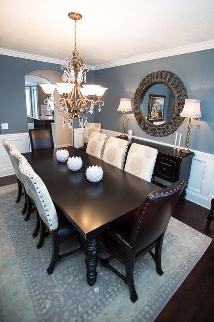 Love blue dining rooms.  Sherwin Williams Foggy Day is a nice muted shade. Sherwin Williams Foggy Day, House Dining Room, Dining Room Paint, Foggy Day, Dining Room Blue, Dining Room Remodel, Money Pit, Nook Ideas, Dinner Room