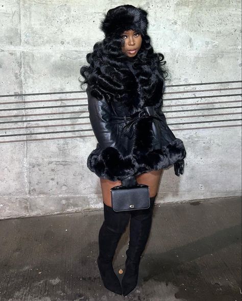 Hooded Dress Outfit Black Women, Fur Coat Birthday Outfit, Mini Coat Outfit, Fur Jacket Dress Outfit, Blazer Skirt Outfits For Women, Winter Dress Outfit Black Women, Fur Outfits Black Women, New Year’s Eve Outfits Black Women, Boots And Vest Outfit