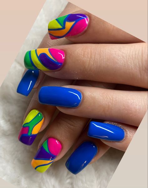 Bright Nail Designs Neon, Neon Nail Ideas Bright Colors Gel, Bold Spring Nails, Blue Yellow And Pink Nails, Bright Gel Nail Designs, Bright Nail Art Designs, Fun Bright Nail Designs, Nail Designs Bright Colors, 80s Neon Nails