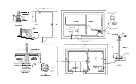 Guard room of pump house plan, foundation and auto-cad details dwg file Guard Room Design Security, Guard House Design Architecture, Guard Room Design, Guard House Design, Guard Room, Security Room, Create Room, Guard House, Pump House