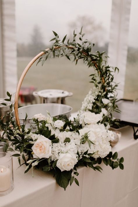 Floral hoop and greenery wedding centerpiece Gold Hoop Centerpiece, Hoop Centerpiece, Wedding Floral Centerpieces, Wedding Floral, Diy Wedding Decorations, Floral Centerpieces, Full Circle, Diy Party, Gold Hoop