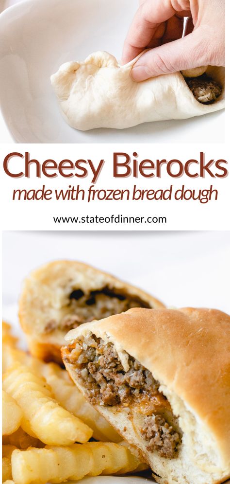 Top photo is someone pinching bread dough around seasoned beef. Bottom photo is fluffy bread filled with seasoned beef, cabbage, and cheese, along with a pile of french fries. Easy Bierocks Recipe, Easy Runza Recipe, Bierocks Recipe Easy, Runzas Recipe, Frozen Bread Dough Recipes, Bierocks Recipe, Recipe With Cheese, Beef Cabbage, Yeast Dough