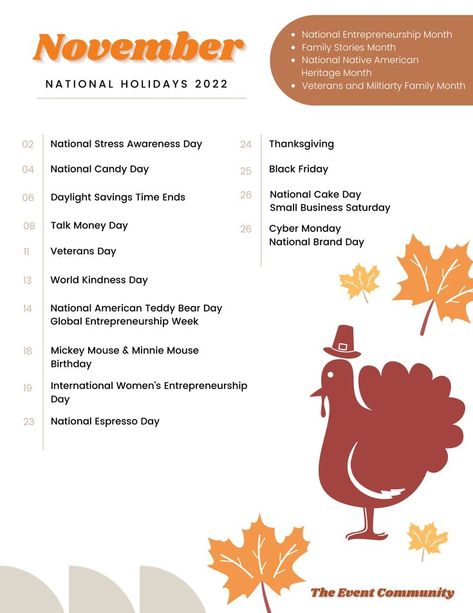 Holiday Calender, National Candy Day, Fall Planning, November Holidays, Teddy Bear Day, Social Media Content Planner, World Kindness Day, Native American Heritage Month, Social Media Content Calendar