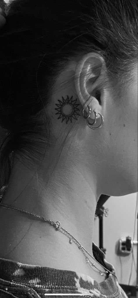 Sun Tattoos Behind The Ear, Sun Moon Tattoo Behind Ear, Small Sun Tattoo Behind Ear, Sun Behind The Ear Tattoo, Sun Tattoo Behind The Ear, Sun And Moon Ear Tattoo, Behind Ear Tattoo Small Simple, Sun And Moon Behind Ear Tattoo, Behind The Ear Sun Tattoo