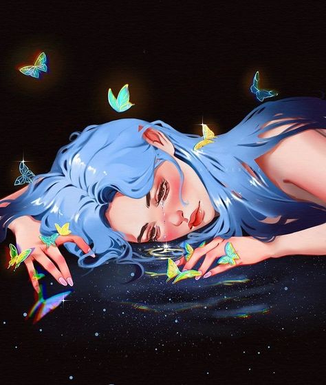 Instagram Blue Hair Pfp, Butterfly Person Art, Butterfly Woman Art, Blue Hair Witch Art, Blue Hair Fairy Art, Blue Hair Girl Art, Flower Drawing Tutorials, Deep Art, Anime Backgrounds Wallpapers